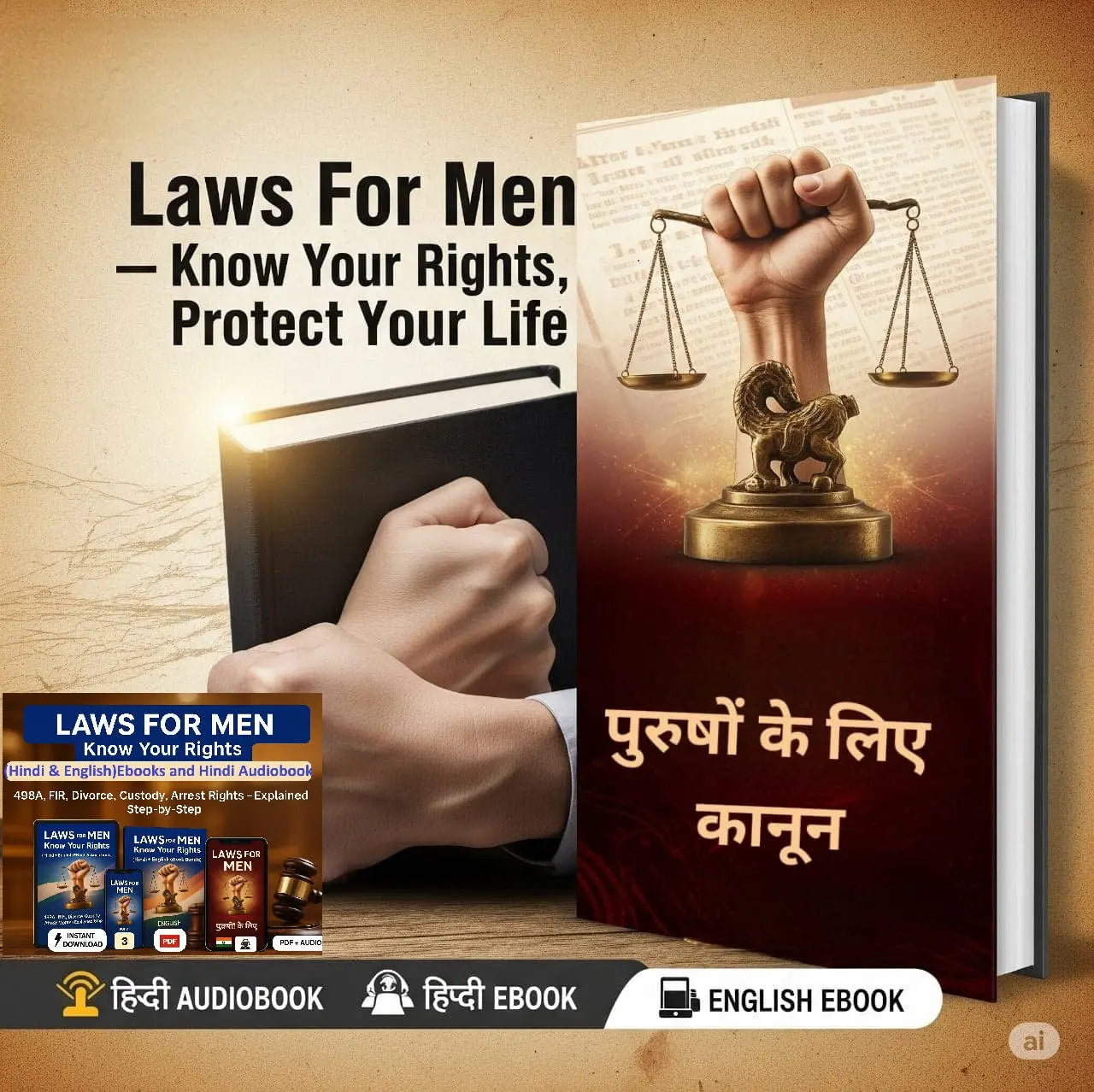 Cover image for Laws for Men – Indian Legal Rights eBook and Audiobook in Hindi and English – 498A, FIR, Divorce, Custody Help PDF Download