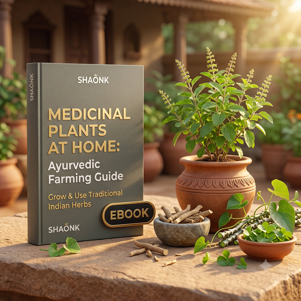 Cover of the PDF eBook about growing traditional Indian herbs at home, with potted plants.