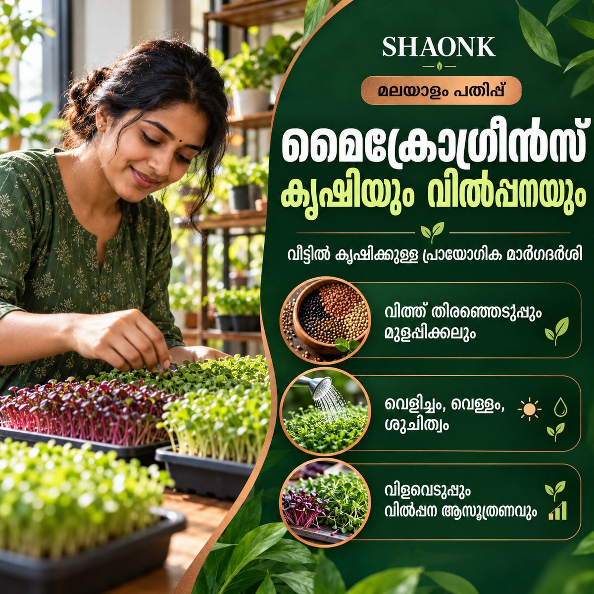 Malayalam ebook: Microgreens growing and selling — seed selection, growing care, harvest and sales planning.