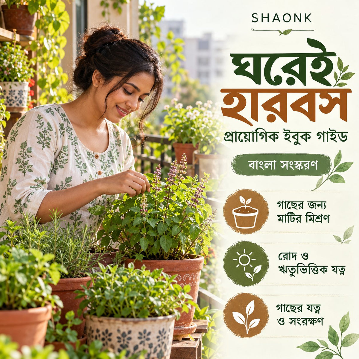 Bengali ebook — Herbs at Home: Potting mixes; Sunlight and seasonal care; Plant care and preservation.