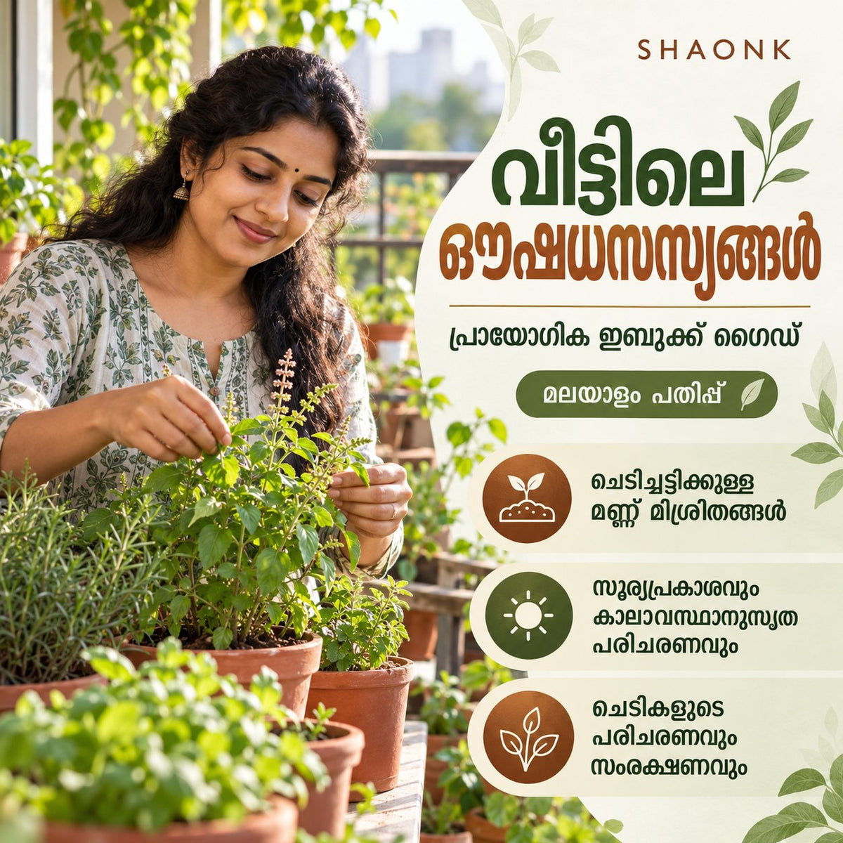 Malayalam ebook — Herbs at Home: Potting mixes; Sunlight and seasonal care; Plant care and preservation.