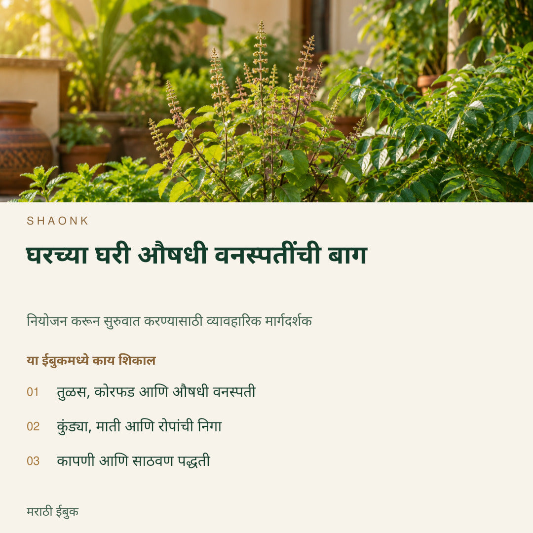 घरच्या घरी औषधी वनस्पतींची बाग | मराठी ईबुक — SHAONK marathi ebook cover. तुळस, कोरफड आणि औषधी वनस्पती. कुंड्या, माती आणि रोपांची निगा. कापणी आणि साठवण पद्धती