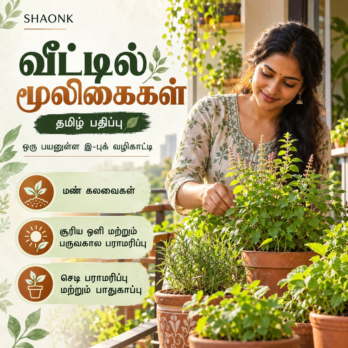 Tamil ebook — Herbs at Home: Potting mixes; Sunlight and seasonal care; Plant care and preservation.