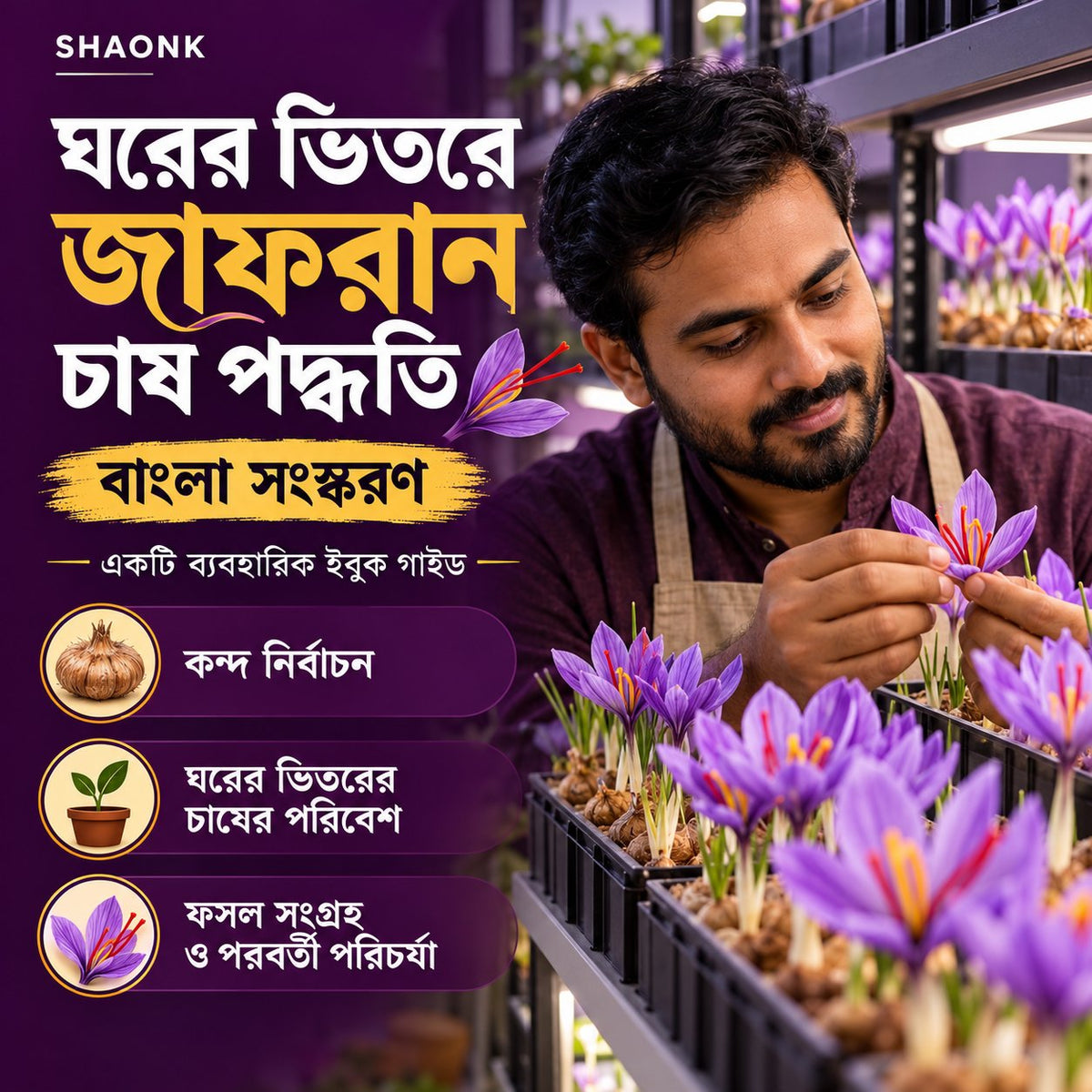 Bengali ebook — Indoor Saffron Growing: Corm selection; Indoor growing conditions; Harvest and post-harvest care.