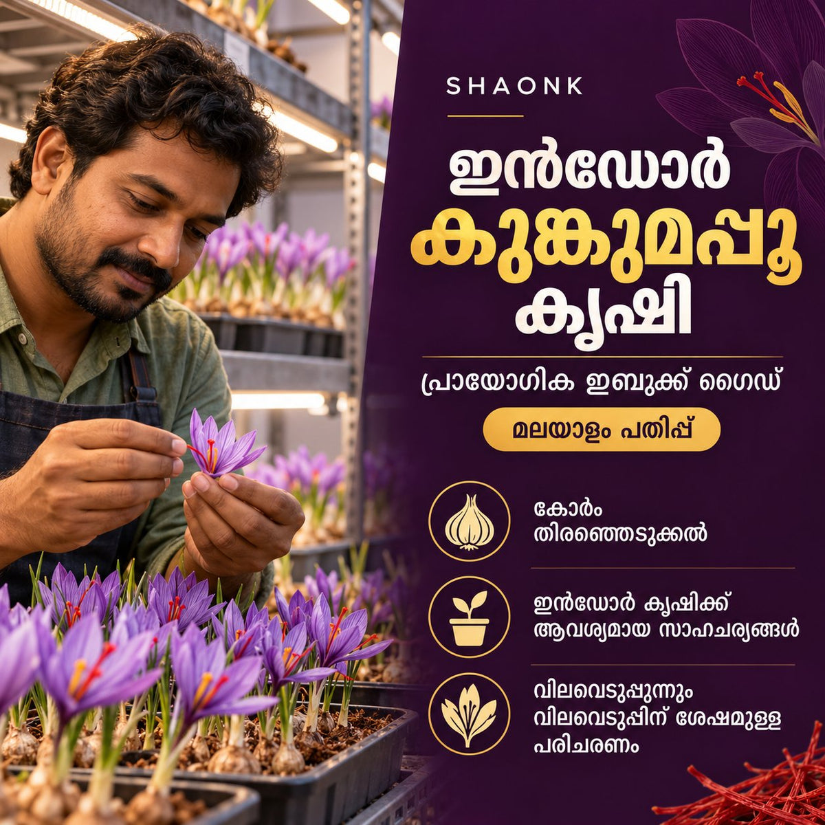 Malayalam ebook — Indoor Saffron Growing: Corm selection; Indoor growing conditions; Harvest and post-harvest care.