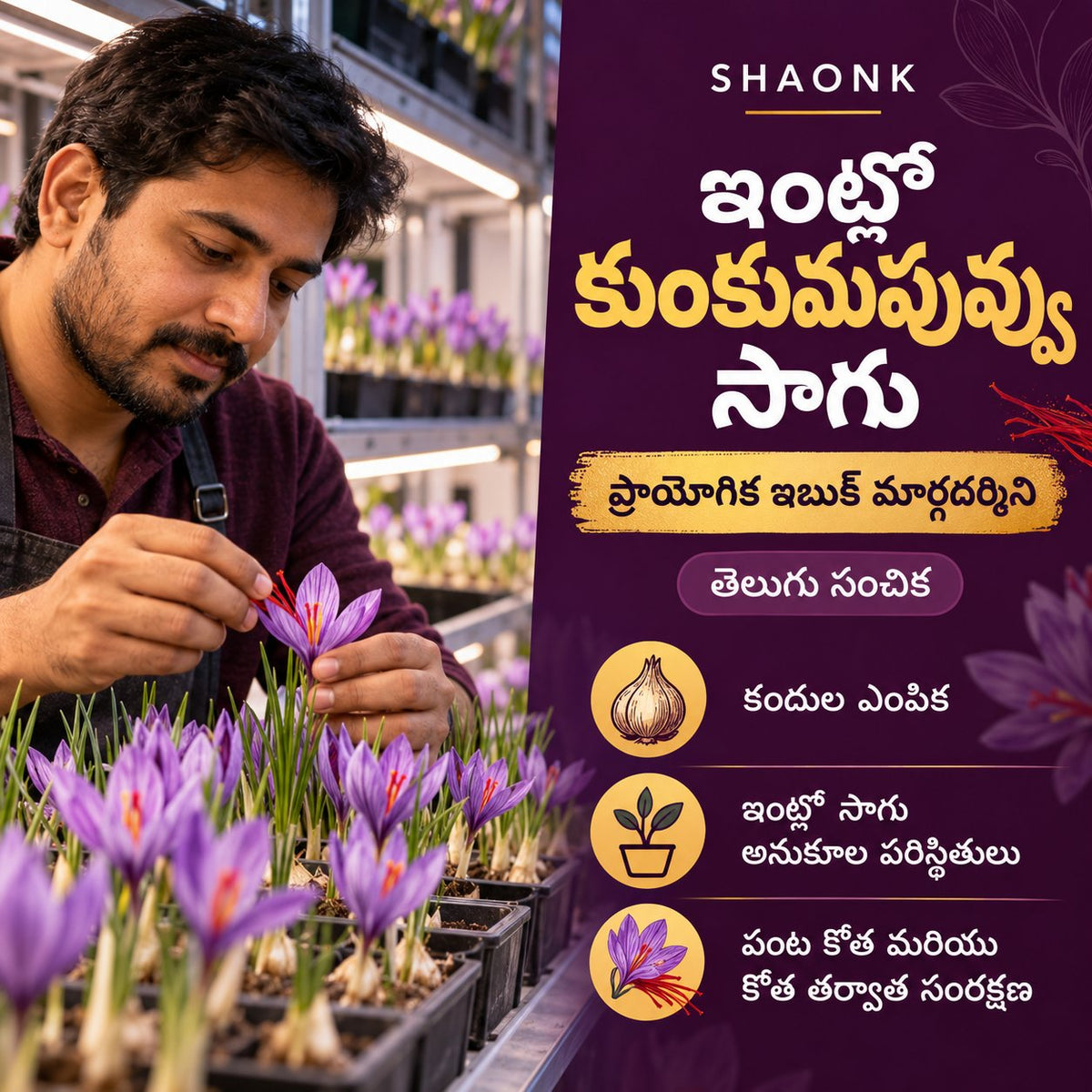 Telugu ebook — Indoor Saffron Growing: Corm selection; Indoor growing conditions; Harvest and post-harvest care.