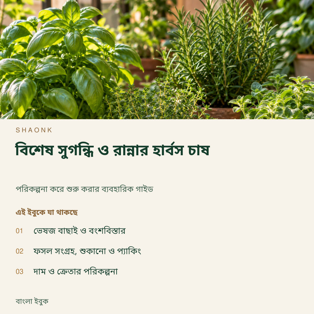 বিশেষ সুগন্ধি ও রান্নার হার্বস চাষ | বাংলা ইবুক — SHAONK bengali ebook cover. ভেষজ বাছাই ও বংশবিস্তার. ফসল সংগ্রহ, শুকানো ও প্যাকিং. দাম ও ক্রেতার পরিকল্পনা