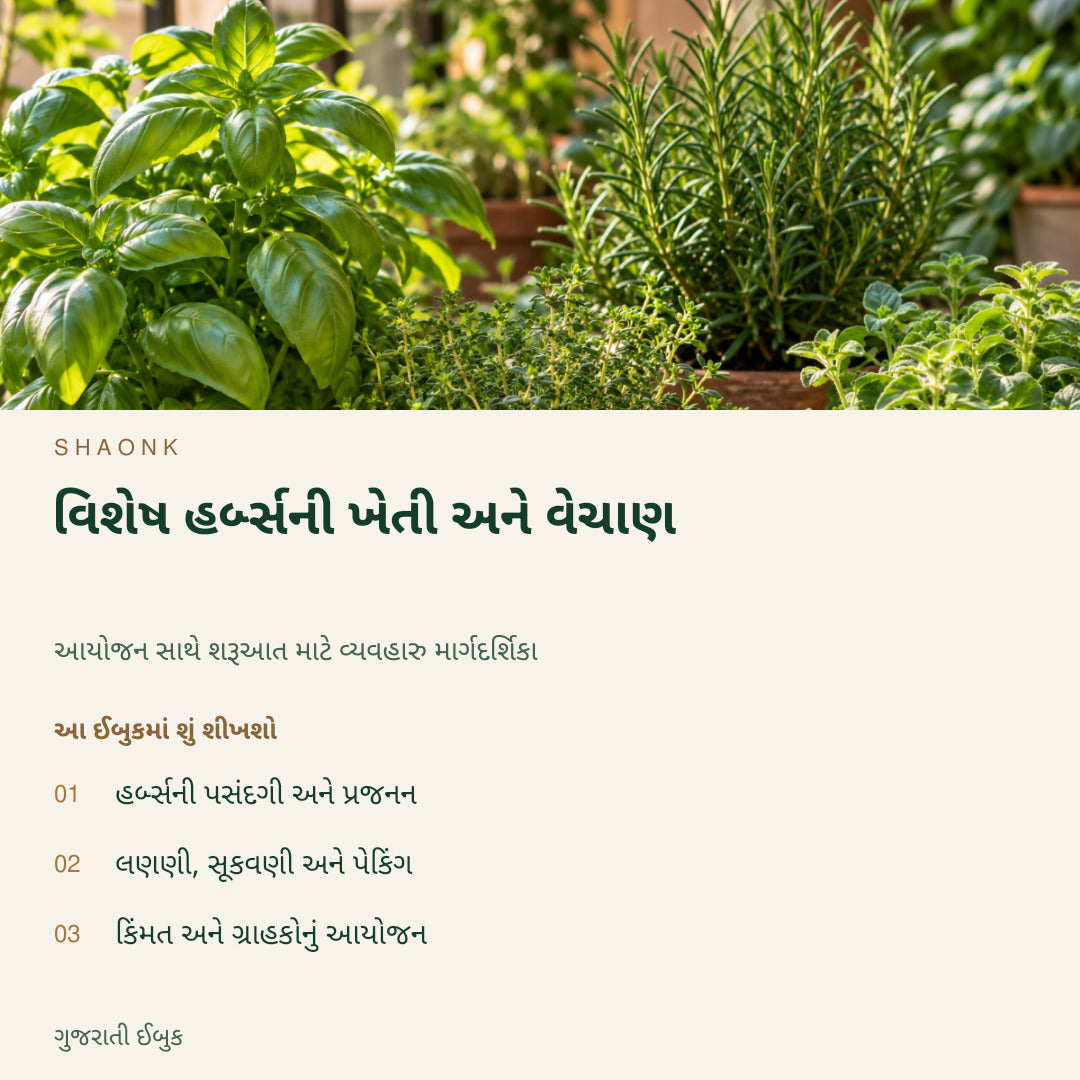 વિશેષ હર્બ્સની ખેતી અને વેચાણ | ગુજરાતી ઈબુક — SHAONK gujarati ebook cover. હર્બ્સની પસંદગી અને પ્રજનન. લણણી, સૂકવણી અને પેકિંગ. કિંમત અને ગ્રાહકોનું આયોજન