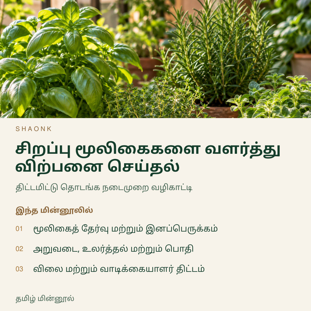 சிறப்பு மூலிகைகளை வளர்த்து விற்பனை செய்தல் | தமிழ் மின்னூல் — SHAONK tamil ebook cover. மூலிகைத் தேர்வு மற்றும் இனப்பெருக்கம். அறுவடை, உலர்த்தல் மற்றும் பொதி. விலை மற்றும் வாடிக்கையாளர் திட்டம்