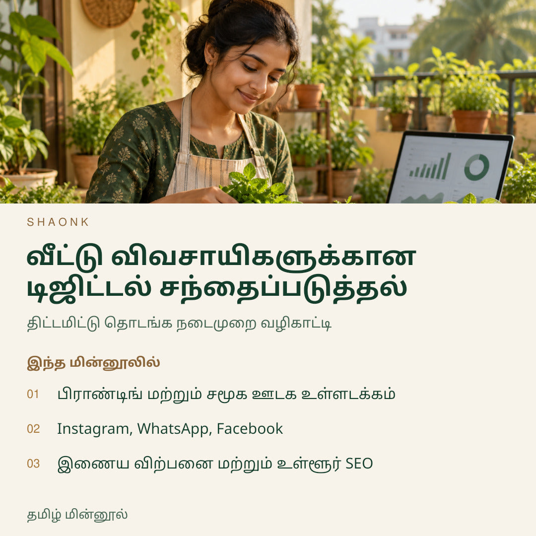 வீட்டு விவசாயிகளுக்கான டிஜிட்டல் சந்தைப்படுத்தல் | தமிழ் மின்னூல் — SHAONK tamil ebook cover. பிராண்டிங் மற்றும் சமூக ஊடக உள்ளடக்கம். Instagram, WhatsApp, Facebook. இணைய விற்பனை மற்றும் உள்ளூர் SEO