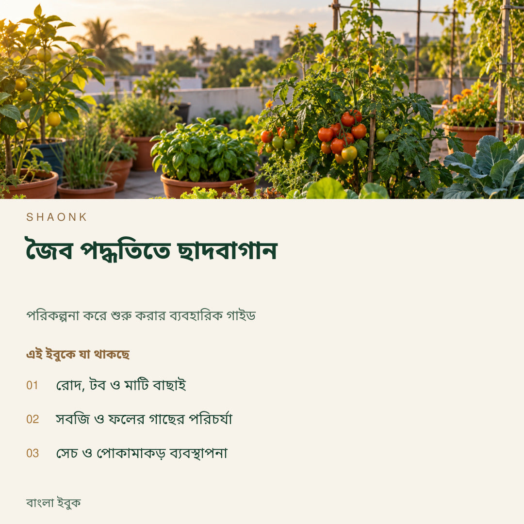 জৈব পদ্ধতিতে ছাদবাগান | বাংলা ইবুক — SHAONK bengali ebook cover. রোদ, টব ও মাটি বাছাই. সবজি ও ফলের গাছের পরিচর্যা. সেচ ও পোকামাকড় ব্যবস্থাপনা
