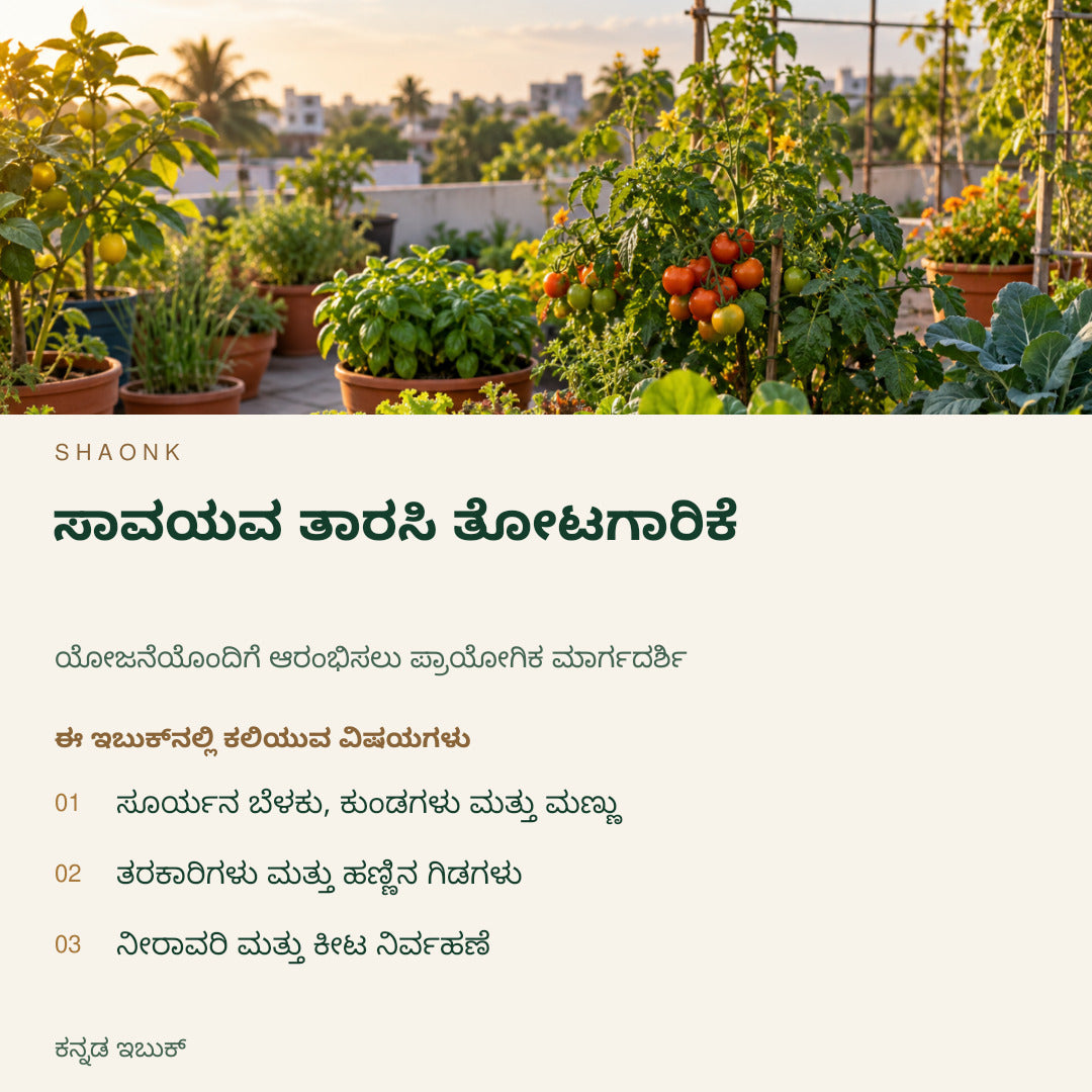 ಸಾವಯವ ತಾರಸಿ ತೋಟಗಾರಿಕೆ | ಕನ್ನಡ ಇಬುಕ್ — SHAONK kannada ebook cover. ಸೂರ್ಯನ ಬೆಳಕು, ಕುಂಡಗಳು ಮತ್ತು ಮಣ್ಣು. ತರಕಾರಿಗಳು ಮತ್ತು ಹಣ್ಣಿನ ಗಿಡಗಳು. ನೀರಾವರಿ ಮತ್ತು ಕೀಟ ನಿರ್ವಹಣೆ