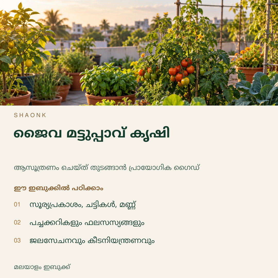 ജൈവ മട്ടുപ്പാവ് കൃഷി | മലയാളം ഇബുക്ക് — SHAONK malayalam ebook cover. സൂര്യപ്രകാശം, ചട്ടികൾ, മണ്ണ്. പച്ചക്കറികളും ഫലസസ്യങ്ങളും. ജലസേചനവും കീടനിയന്ത്രണവും