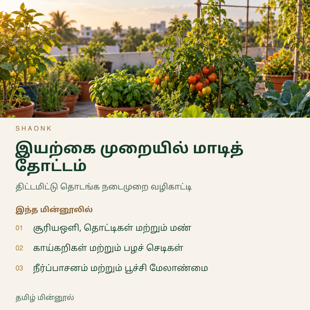 இயற்கை முறையில் மாடித் தோட்டம் | தமிழ் மின்னூல் — SHAONK tamil ebook cover. சூரியஒளி, தொட்டிகள் மற்றும் மண். காய்கறிகள் மற்றும் பழச் செடிகள். நீர்ப்பாசனம் மற்றும் பூச்சி மேலாண்மை
