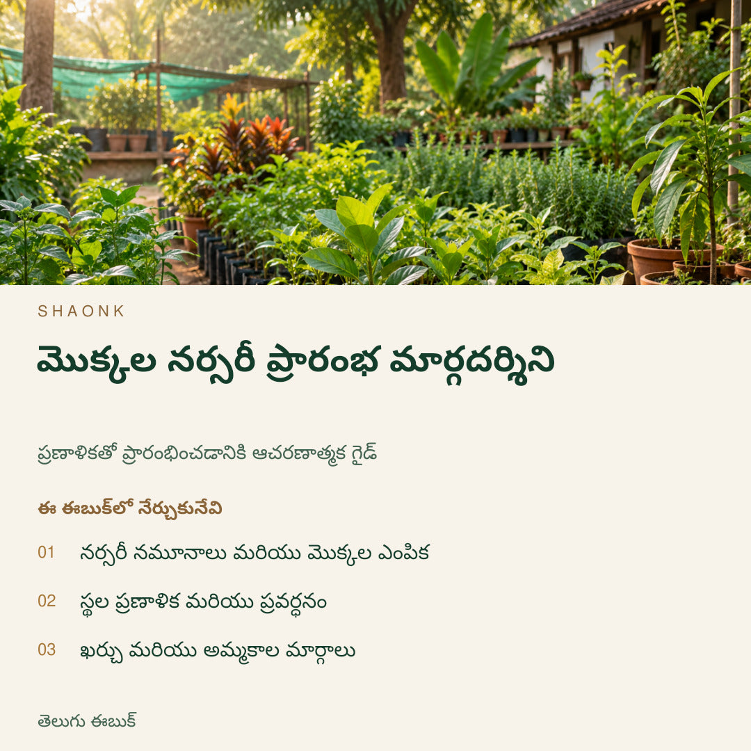 మొక్కల నర్సరీ ప్రారంభ మార్గదర్శిని | తెలుగు ఈబుక్ — SHAONK telugu ebook cover. నర్సరీ నమూనాలు మరియు మొక్కల ఎంపిక. స్థల ప్రణాళిక మరియు ప్రవర్ధనం. ఖర్చు మరియు అమ్మకాల మార్గాలు