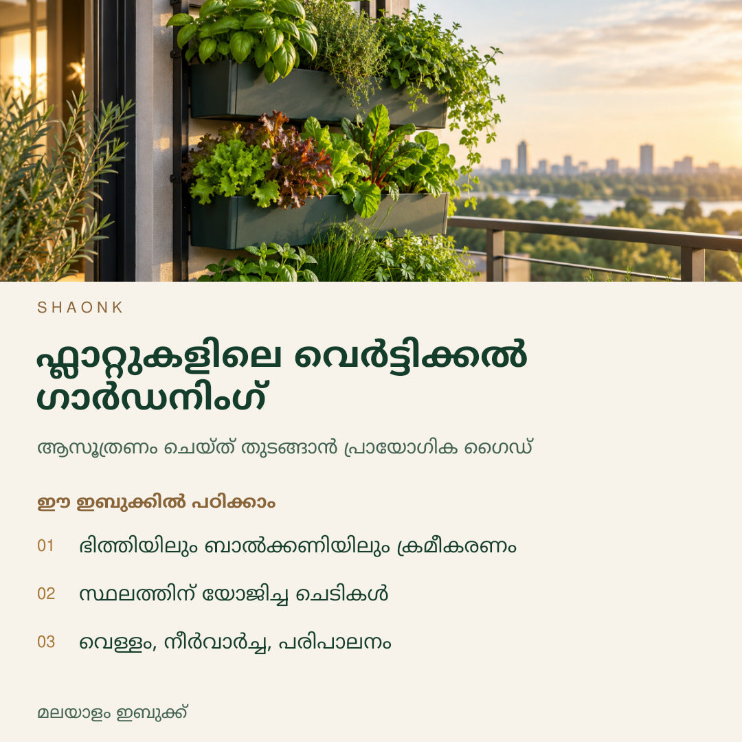 ഫ്ലാറ്റുകളിലെ വെർട്ടിക്കൽ ഗാർഡനിംഗ് | മലയാളം ഇബുക്ക് — SHAONK malayalam ebook cover. ഭിത്തിയിലും ബാൽക്കണിയിലും ക്രമീകരണം. സ്ഥലത്തിന് യോജിച്ച ചെടികൾ. വെള്ളം, നീർവാർച്ച, പരിപാലനം