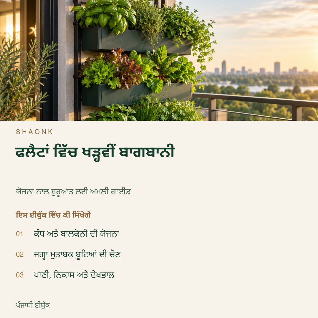ਫਲੈਟਾਂ ਵਿੱਚ ਖੜ੍ਹਵੀਂ ਬਾਗਬਾਨੀ | ਪੰਜਾਬੀ ਈਬੁੱਕ — SHAONK punjabi ebook cover. ਕੰਧ ਅਤੇ ਬਾਲਕੋਨੀ ਦੀ ਯੋਜਨਾ. ਜਗ੍ਹਾ ਮੁਤਾਬਕ ਬੂਟਿਆਂ ਦੀ ਚੋਣ. ਪਾਣੀ, ਨਿਕਾਸ ਅਤੇ ਦੇਖਭਾਲ