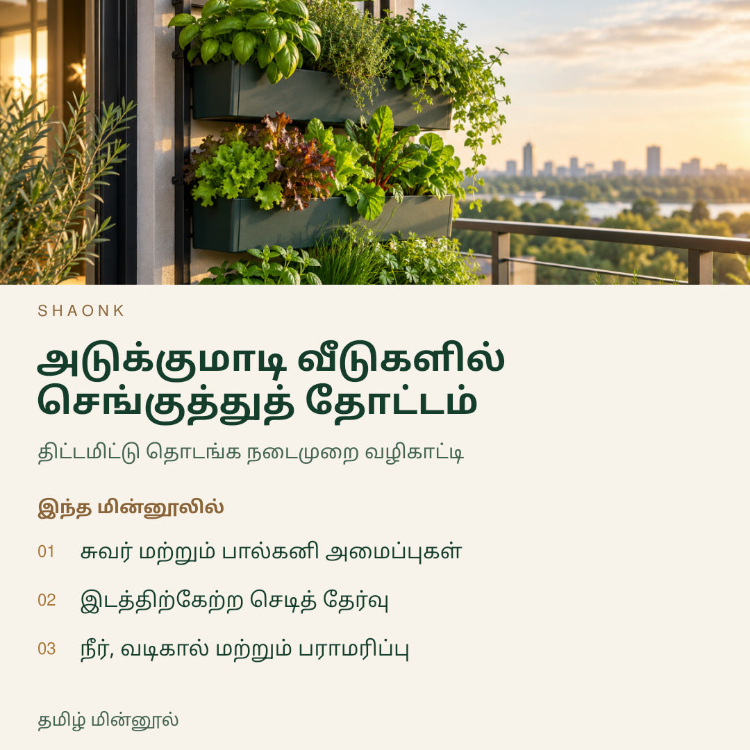 அடுக்குமாடி வீடுகளில் செங்குத்துத் தோட்டம் | தமிழ் மின்னூல் — SHAONK tamil ebook cover. சுவர் மற்றும் பால்கனி அமைப்புகள். இடத்திற்கேற்ற செடித் தேர்வு. நீர், வடிகால் மற்றும் பராமரிப்பு