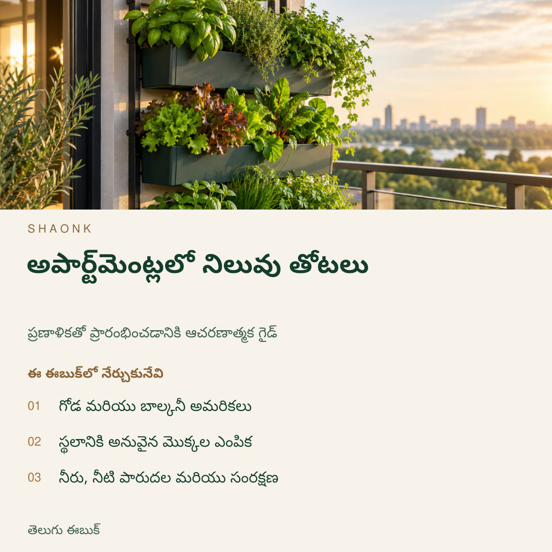 అపార్ట్‌మెంట్లలో నిలువు తోటలు | తెలుగు ఈబుక్ — SHAONK telugu ebook cover. గోడ మరియు బాల్కనీ అమరికలు. స్థలానికి అనువైన మొక్కల ఎంపిక. నీరు, నీటి పారుదల మరియు సంరక్షణ