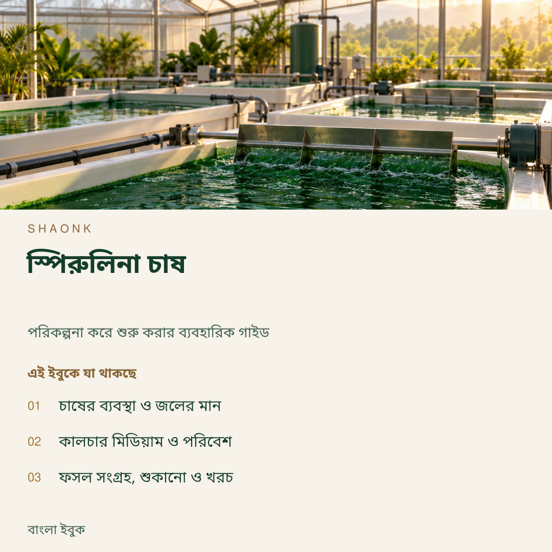 স্পিরুলিনা চাষ | বাংলা ইবুক — SHAONK bengali ebook cover. চাষের ব্যবস্থা ও জলের মান. কালচার মিডিয়াম ও পরিবেশ. ফসল সংগ্রহ, শুকানো ও খরচ