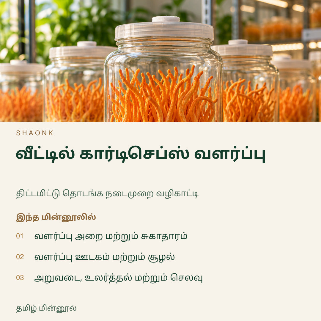 வீட்டில் கார்டிசெப்ஸ் வளர்ப்பு | தமிழ் மின்னூல் — SHAONK tamil ebook cover. வளர்ப்பு அறை மற்றும் சுகாதாரம். வளர்ப்பு ஊடகம் மற்றும் சூழல். அறுவடை, உலர்த்தல் மற்றும் செலவு