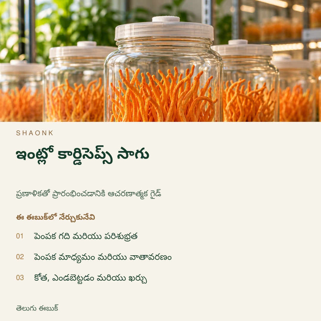 ఇంట్లో కార్డిసెప్స్ సాగు | తెలుగు ఈబుక్ — SHAONK telugu ebook cover. పెంపక గది మరియు పరిశుభ్రత. పెంపక మాధ్యమం మరియు వాతావరణం. కోత, ఎండబెట్టడం మరియు ఖర్చు