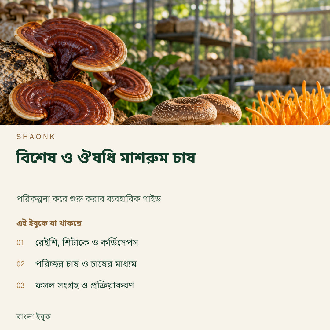 বিশেষ ও ঔষধি মাশরুম চাষ | বাংলা ইবুক — SHAONK bengali ebook cover. রেইশি, শিটাকে ও কর্ডিসেপস. পরিচ্ছন্ন চাষ ও চাষের মাধ্যম. ফসল সংগ্রহ ও প্রক্রিয়াকরণ