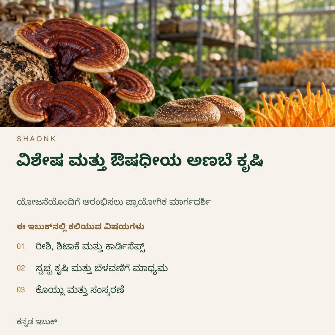 ವಿಶೇಷ ಮತ್ತು ಔಷಧೀಯ ಅಣಬೆ ಕೃಷಿ | ಕನ್ನಡ ಇಬುಕ್ — SHAONK kannada ebook cover. ರೀಶಿ, ಶಿಟಾಕೆ ಮತ್ತು ಕಾರ್ಡಿಸೆಪ್ಸ್. ಸ್ವಚ್ಛ ಕೃಷಿ ಮತ್ತು ಬೆಳವಣಿಗೆ ಮಾಧ್ಯಮ. ಕೊಯ್ಲು ಮತ್ತು ಸಂಸ್ಕರಣೆ