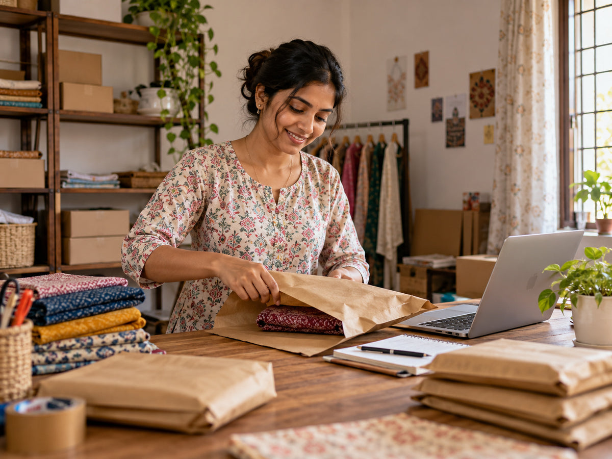 Indian small business owner packing orders at a work table