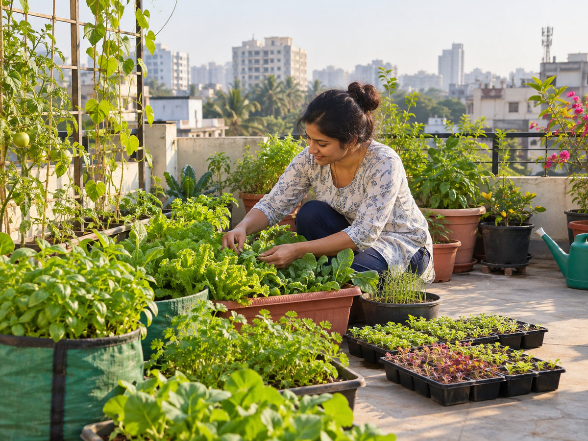 Indian woman tending leafy greens on an urban terrace garden