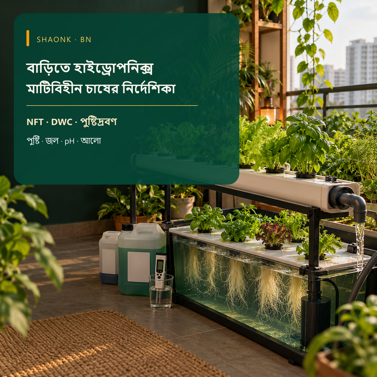 Bengali-language hydroponics ebook cover with NFT and DWC systems, nutrient solution and water pH.