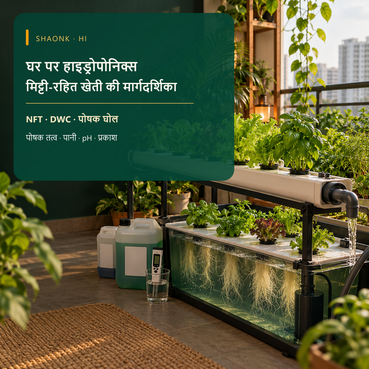 Hindi-language hydroponics ebook cover with NFT and DWC systems, nutrient solution and water pH.