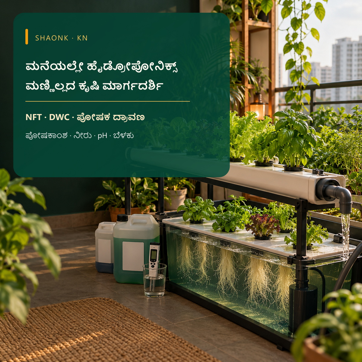 Kannada-language hydroponics ebook cover with NFT and DWC systems, nutrient solution and water pH.