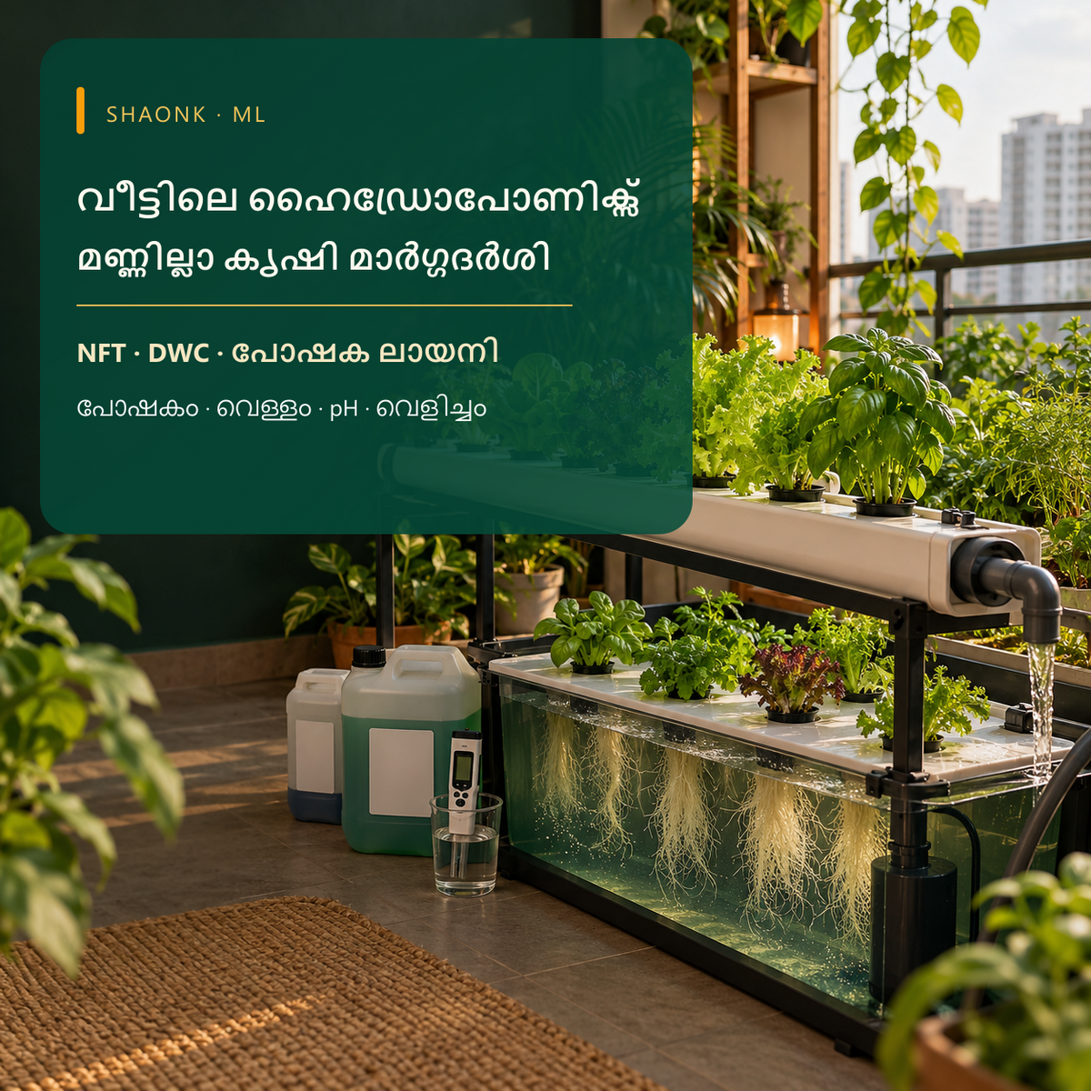Malayalam-language hydroponics ebook cover with NFT and DWC systems, nutrient solution and water pH.