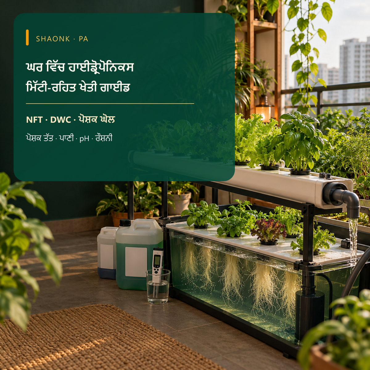 Punjabi-language hydroponics ebook cover with NFT and DWC systems, nutrient solution and water pH.