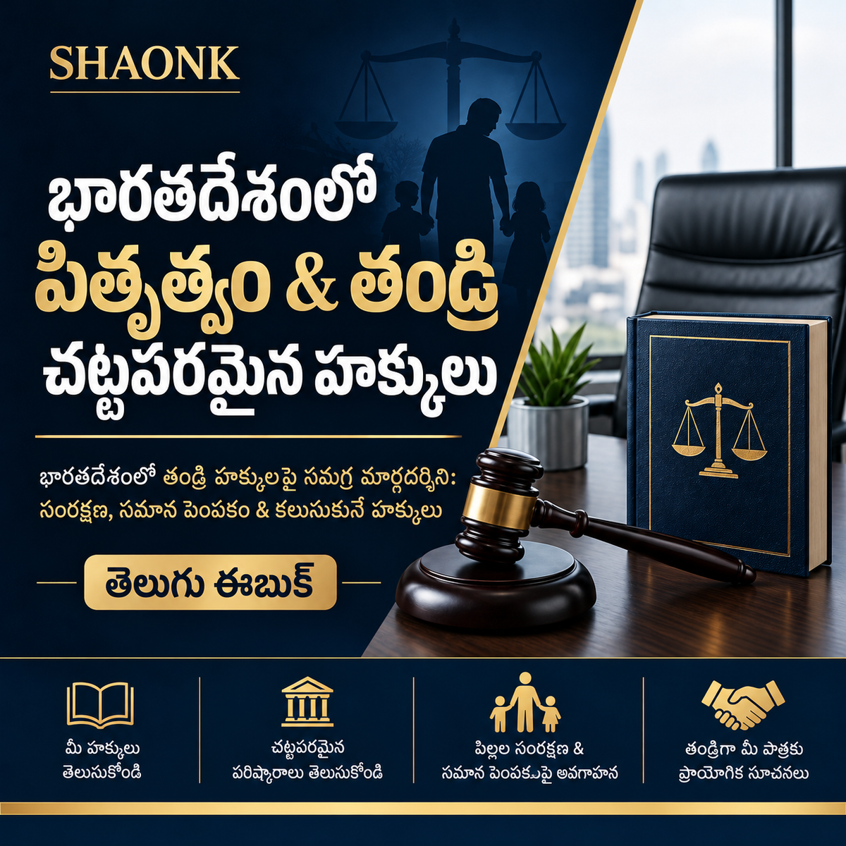 Telugu ebook cover for Fatherhood & Parental Rights in India: Guardianship, Equal Parenting & Visitation Manual. Educational legal information.