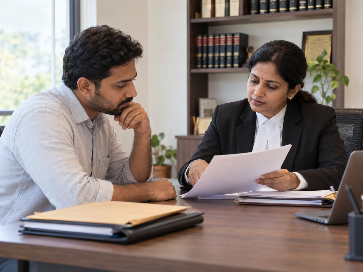 Indian adult reviewing documents with a lawyer in a consultation