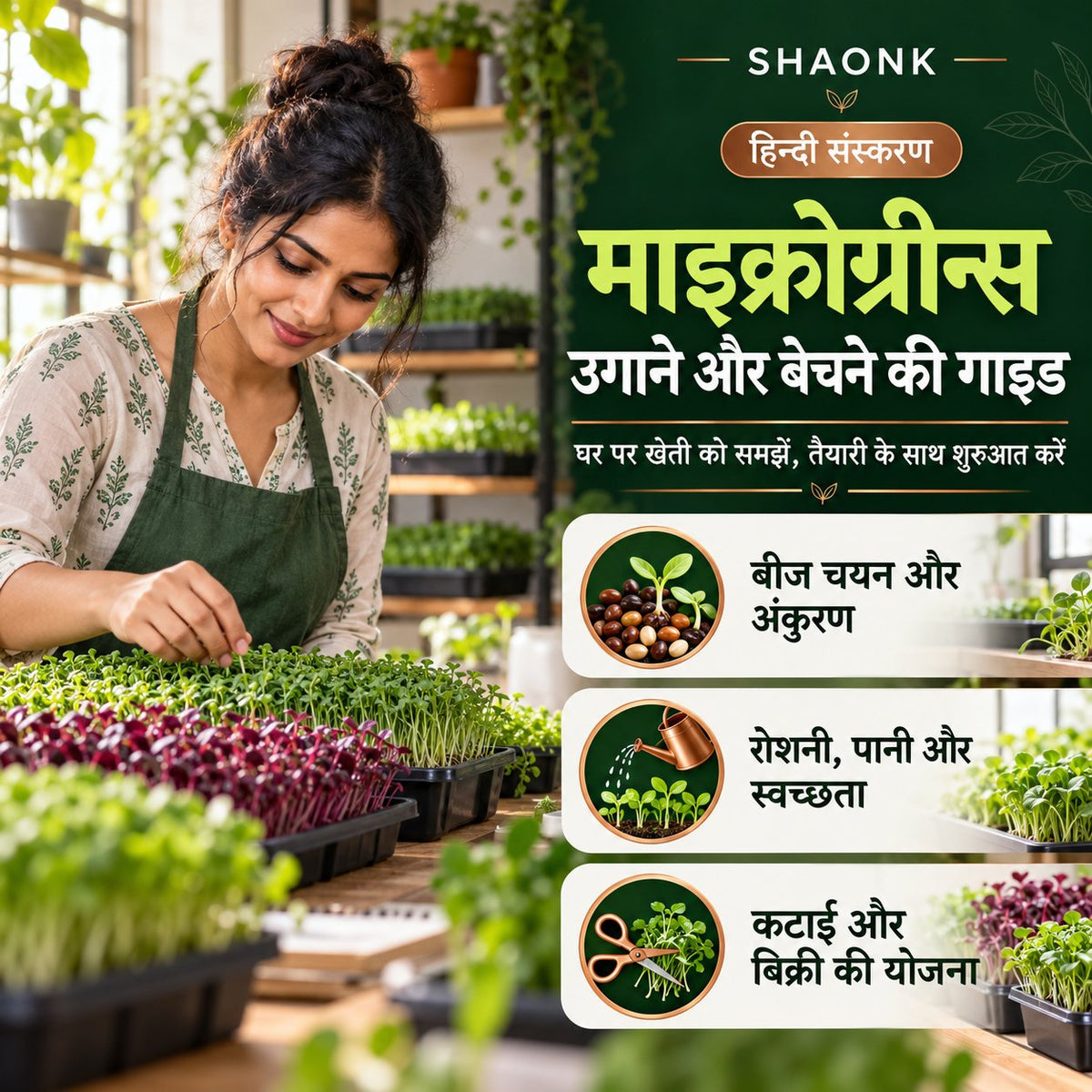 Hindi ebook: Microgreens growing and selling — seed selection, growing care, harvest and sales planning.