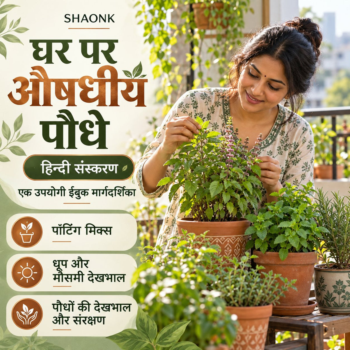 Hindi ebook — Herbs at Home: Potting mixes; Sunlight and seasonal care; Plant care and preservation.